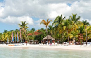 Ein traumhafter Strand mit Palmen und einem Bungalow auf Jamaika