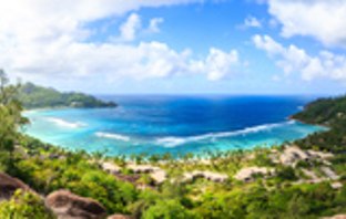 Traumhafter Strand auf Mauritius mit grüner Vegetation 