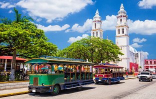Eine befahrene Straße mit verschiedenen Sightseeing Busen