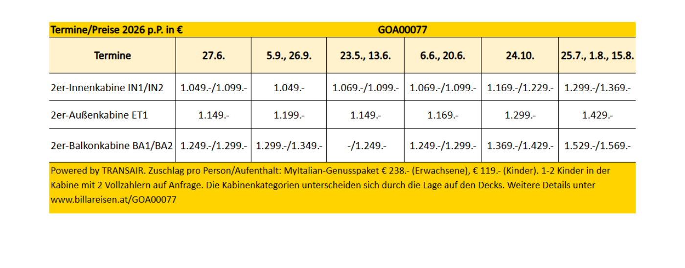 Preisaufschlüsselung für die verschiedenen Reisetermin wie im Text oben genannt