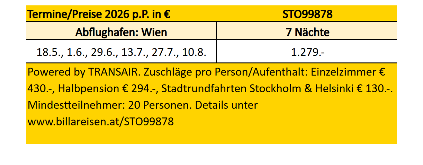 Preisaufschlüsselung für die verschiedenen Reisetermin wie im Text oben genannt