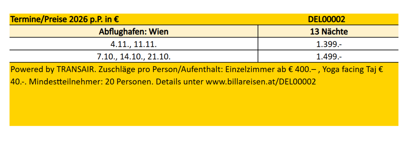 Preisaufschlüsselung für die verschiedenen Reisetermin wie im Text oben genannt