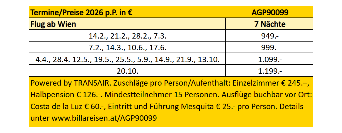 Preisaufschlüsselung für die verschiedenen Reisetermin wie im Text oben genannt