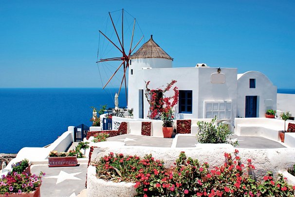 Kykladen-Inselhüpfen: Santorin, Mykonos, Paros, Naxos - Windmühle in Oia