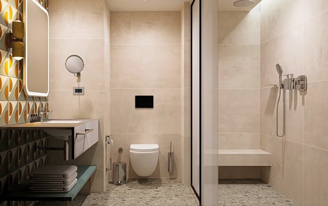 Trendy Perge Resort & Suites - Modellbild Beispiel Bad Doppelzimmer Deluxe (Zimmercodierungen DDG, DCG, DDC & DCC)