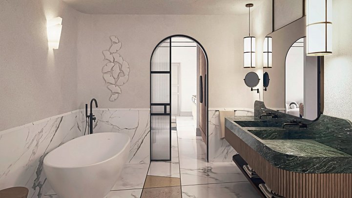 Conrad Corfu - Modellzeichnung Badbeispiel One Bedroom 1 Schlafzimmer Villa Privatpool Meerseite (Zimmercodierung V1R)