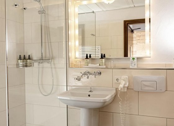 Vier Jahreszeiten am Schluchsee - Beispiel Bad Zimmer Queensize Waldseite (Zimmercodierungen DB1 & EB1)