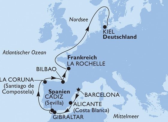 Von Barcelona nach Kiel mit MSC Euribia - Routenkarte