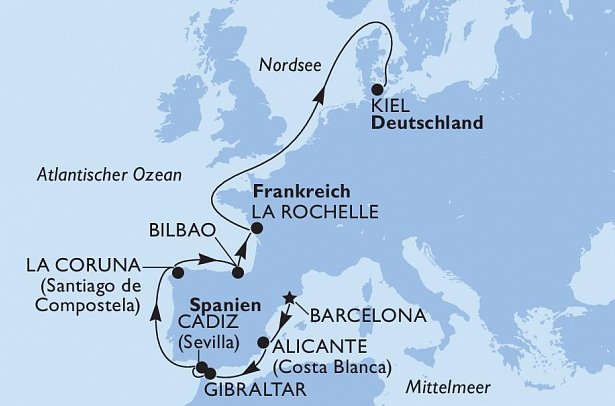 Von Barcelona nach Kiel mit MSC Euribia - Routenkarte