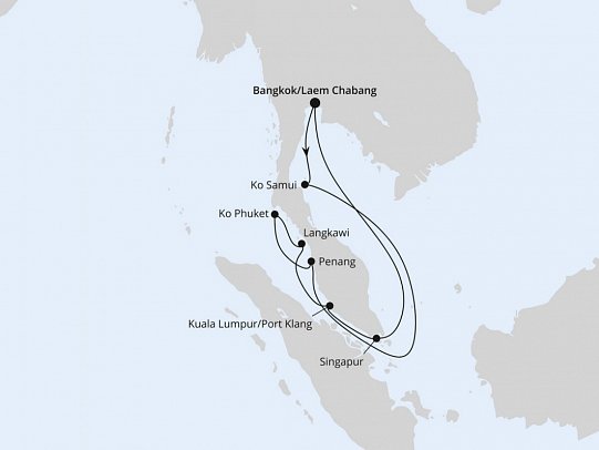 Thailand, Malaysia & Singapur mit AIDAstella - Routenkarte
