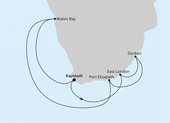 Südafrika & Namibia mit AIDAblu - Routenkarte