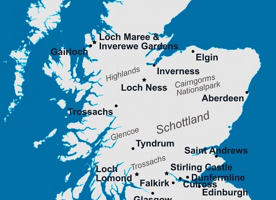 Rundreise Schottland Castles, Lochs und Glens - Routenkarte