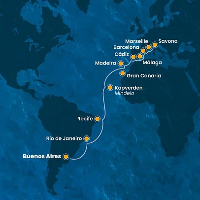 Transatlantik Buenos Aires - Savona mit Costa Serena - Routenkarte
