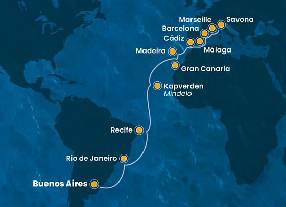 Transatlantik Buenos Aires - Savona mit Costa Serena - Routenkarte