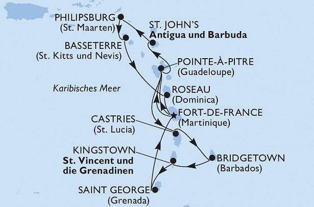 Karibik pur ab/bis Martinique mit MSC World Europa - Routenkarte