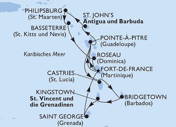 Karibik pur ab/bis Martinique mit MSC World Europa - Routenkarte