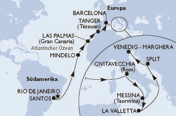 Transatlantik von Rio de Janeiro nach Venedig mit MSC Armonia - Routenkarte