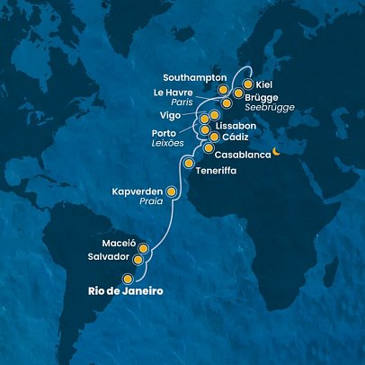 Von Rio De Janeiro an die Elbe mit Costa Diadema - Routenkarte