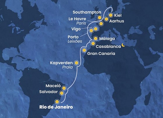 Transatlantik Rio de Janeiro - Kiel mit Costa Diadema - Routenkarte