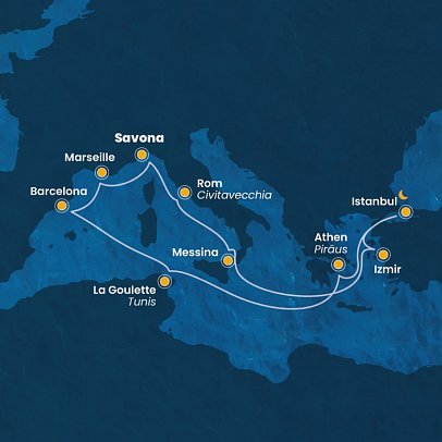 Große Mittelmeerkreuzfahrt & Istanbul mit Costa Fortuna - Routenkarte