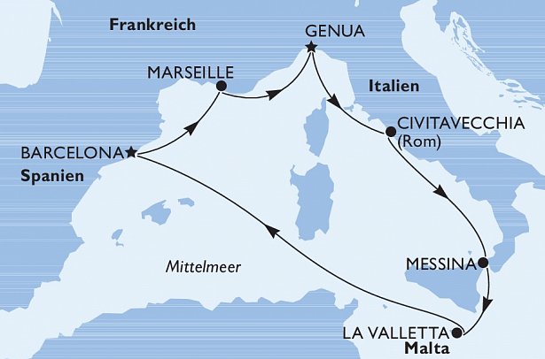 Winter im westlichen Mittelmeer mit MSC World Europa - Routenkarte