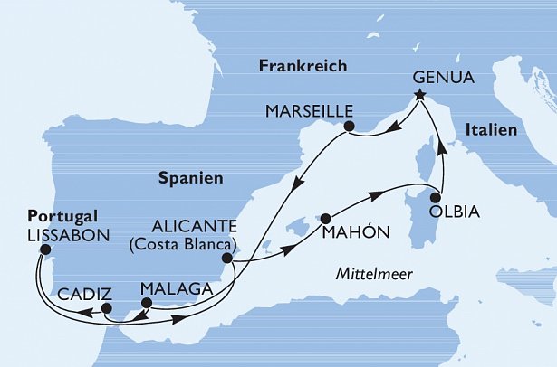 Westliches Mittelmeer bis Lissabon mit MSC Opera - Routenkarte