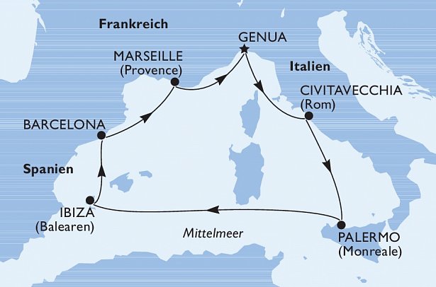 Höhepunkte des westlichen Mittelmeer mit MSC Seaview - Routenkarte