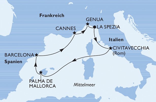 Westliches Mittelmeer mit MSC Grandiosa - Routenkarte