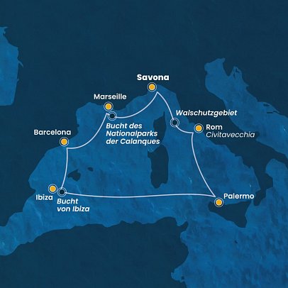 Westliches Mittelmeer mit Costa Smeralda - Routenkarte