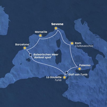 Westliches Mittelmeer im Winter mit Costa Toscana - Routenkarte