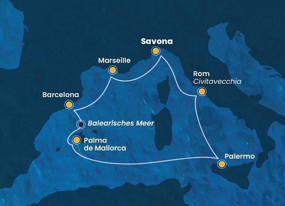Westliches Mittelmeer im Winter mit Costa Toscana - Routenkarte