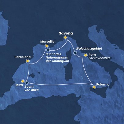 Westliches Mittelmeer mit Costa Smeralda - Routenkarte