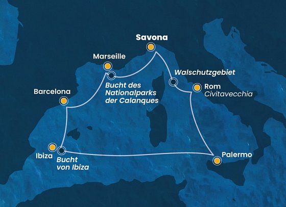 Westliches Mittelmeer mit Costa Smeralda - Routenkarte