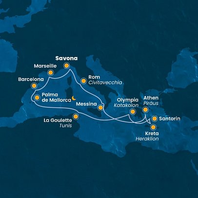 Antike Stätte im Mittelmeer mit Costa Favolosa - Routenkarte