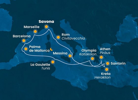 Antike Stätte im Mittelmeer mit Costa Favolosa - Routenkarte