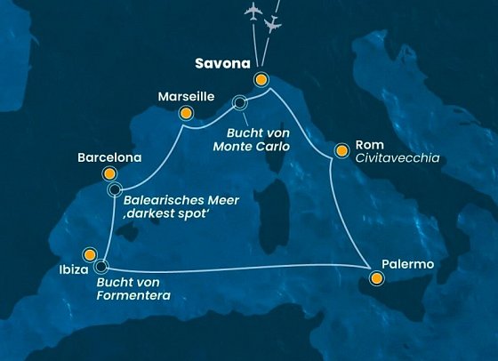 Highlights des westlichen Mittelmeers mit Costa Toscana - Routenkarte