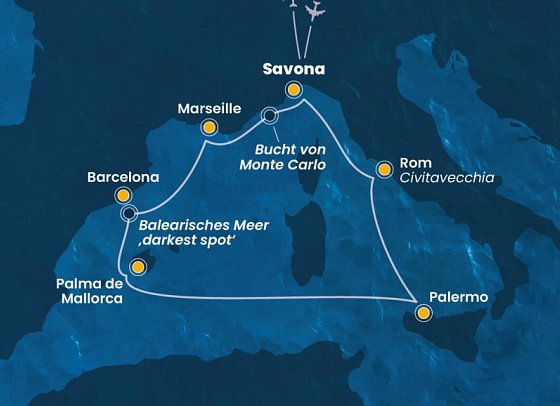 Highlights des westlichen Mittelmeers mit Costa Toscana - Routenkarte