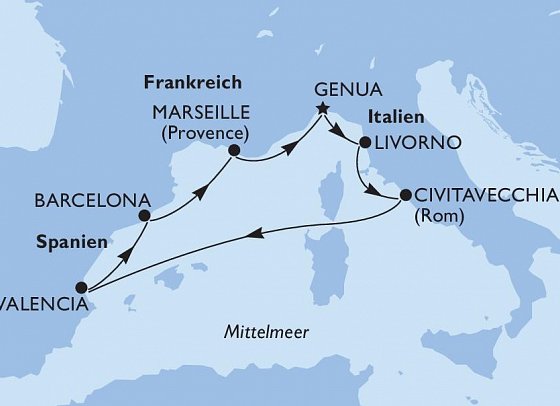 Westliches Mittelmeer mit MSC Sinfonia - Routenkarte