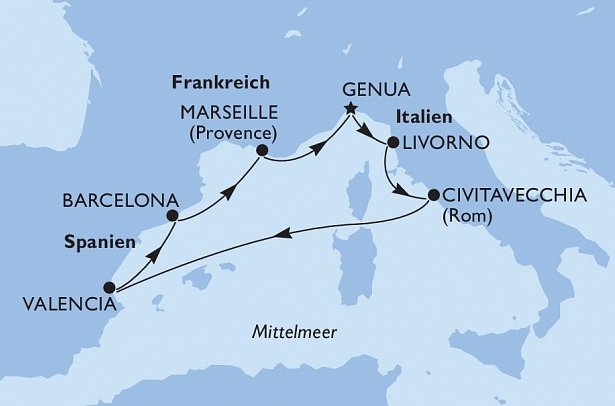 Westliches Mittelmeer mit MSC Sinfonia - Routenkarte
