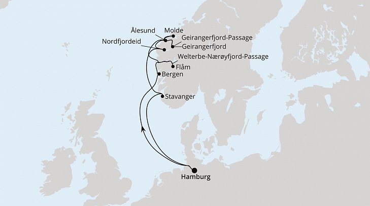 Norwegen Fjord-Weltnaturerbe mit AIDAprima - Routenkarte