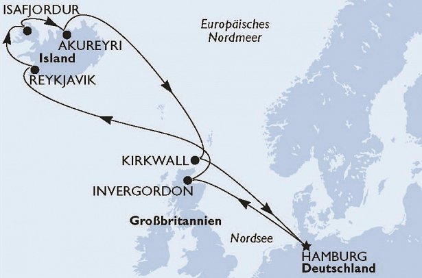 Island und Schottland mit MSC Preziosa - Routenkarte