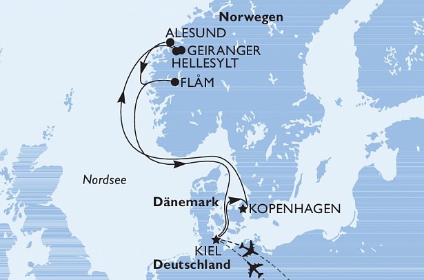 Südnorwegen mit MSC Euribia - Routenkarte