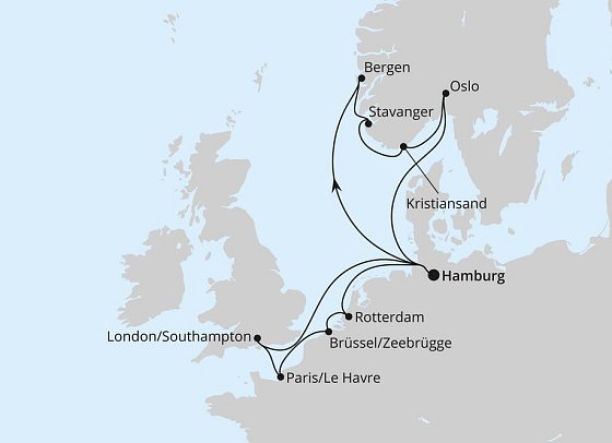 Metropolen & Südnorwegen mit AIDAnova - Routenkarte
