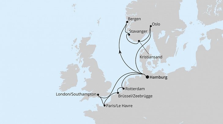 Metropolen & Südnorwegen mit AIDAnova - Routenkarte