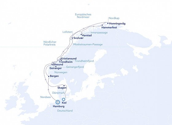 Nordkap & Mitternachtssonne mit Vasco Da Gama - Routenkarte