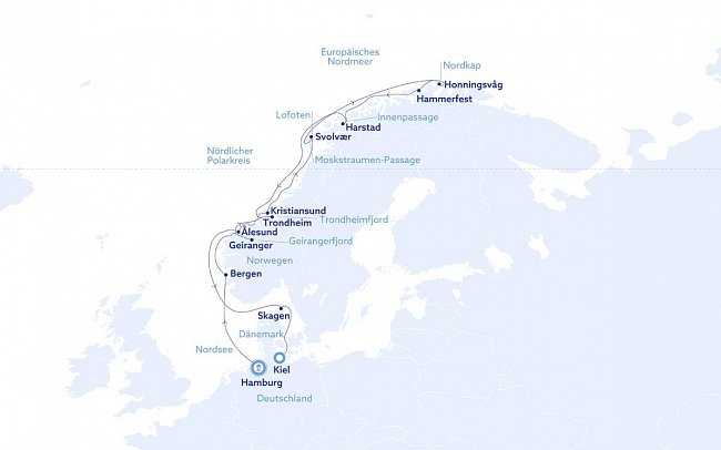 Nordkap & Mitternachtssonne mit Vasco Da Gama - Routenkarte