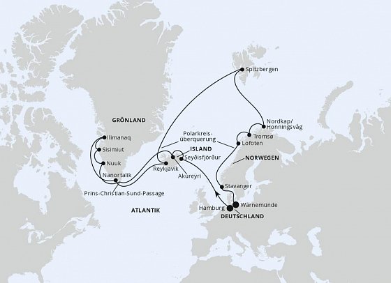 Island & Grönland mit AIDAsol - Routenkarte