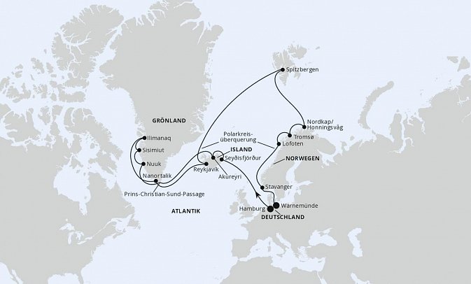 Island & Grönland mit AIDAsol - Routenkarte