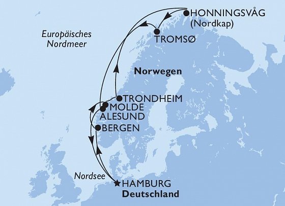 Nordkap mit MSC Preziosa - Routenkarte