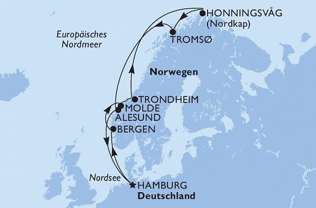 Nordkap mit MSC Preziosa - Routenkarte
